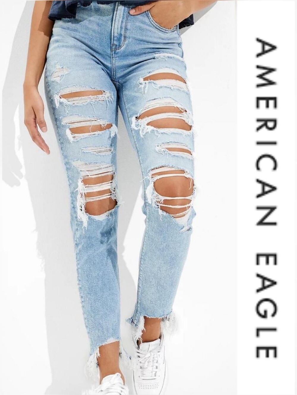 American Eagle Outfitters Light Blue Ripped High-Rise Mom Jeans